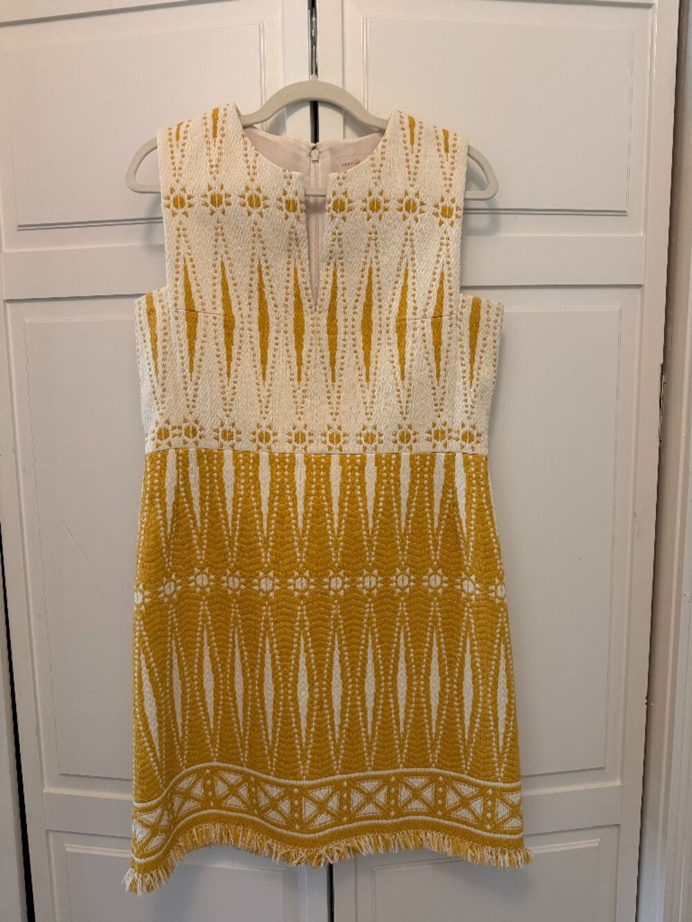 Tory Burch Mustard Yellow Ivory Geometric Embroidered Fringe Shift Dress Size 8